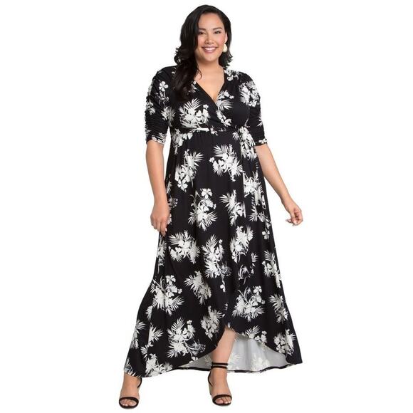 Kiyonna Dress Meadow Dream Style Tropical Floral 1X Maxi True Wrap Black White - Picture 1 of 10